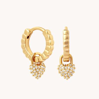  Gold Plated 925 Silver Heart Pave Charm huggies Earrings